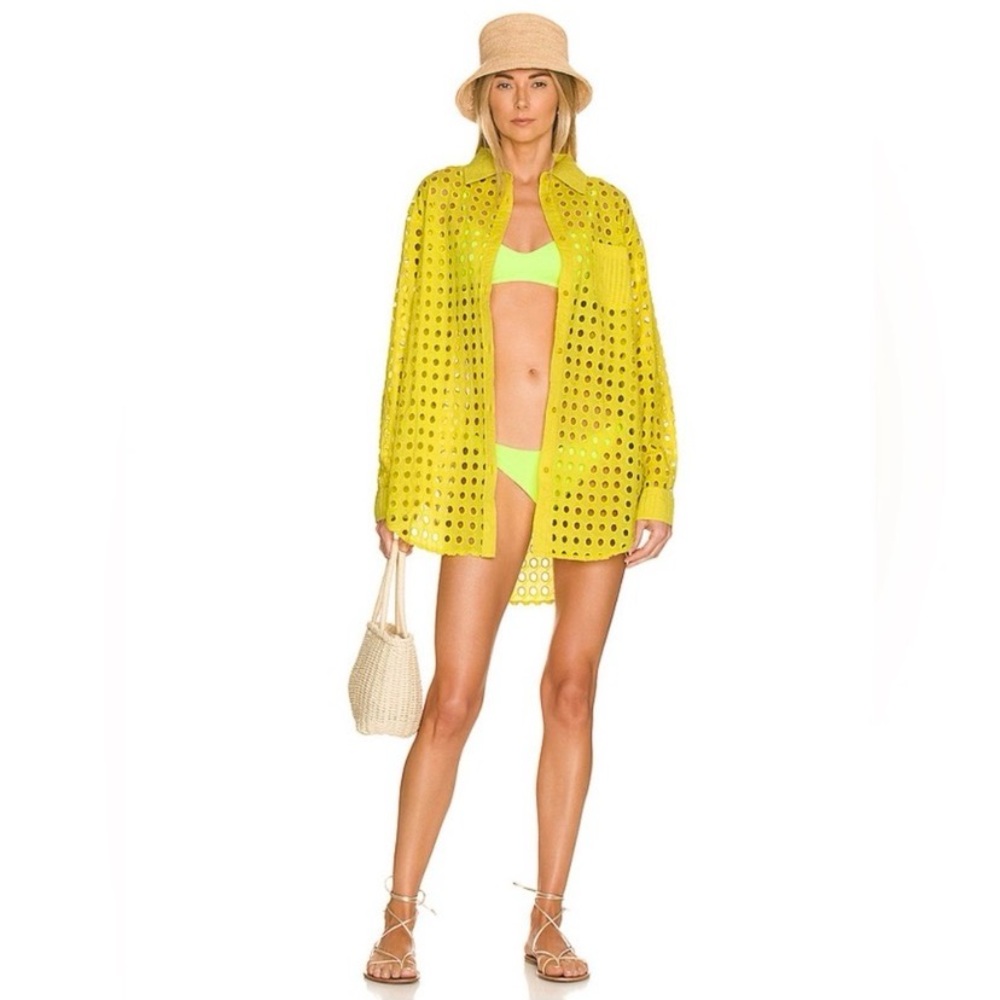 Solid & Striped Oxford Eyelet Tunic Coverup Mini Dress Long Sleeve Citron XS - Picture 2 of 15